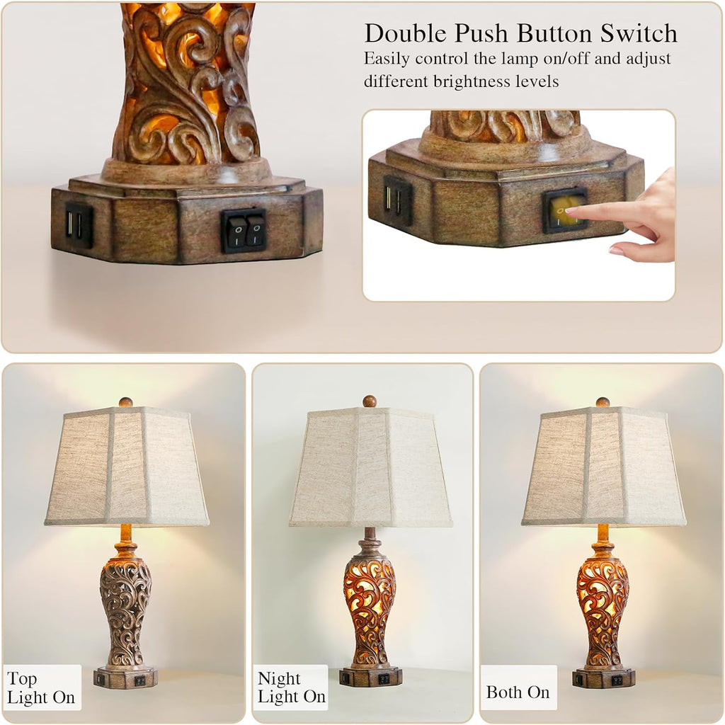 Set of 2 Rustic Table Lamps for Living Room Bedroom, 2 USB Ports 25'' Vintage Farmhouse Desk Lamp with Nightlight, Brown Hollow Out Resin…