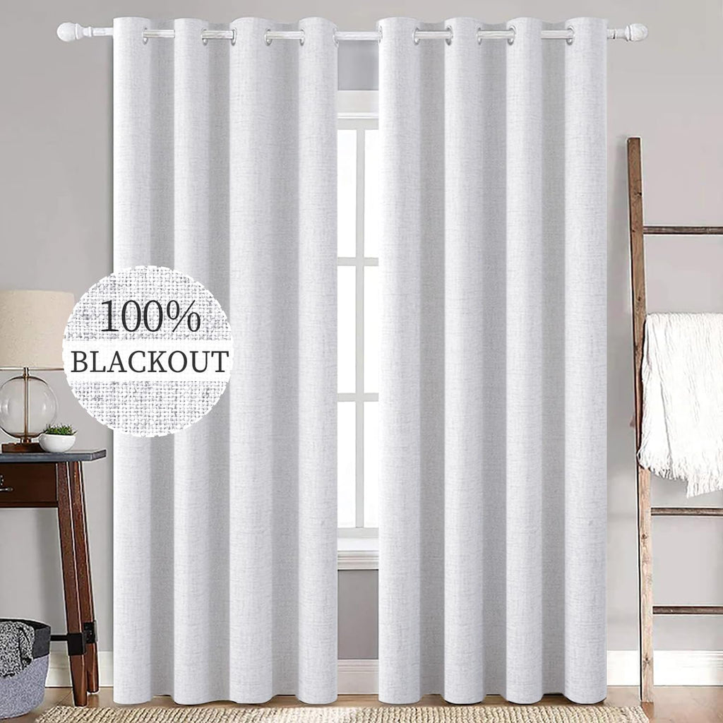 Miulee Linen Texture 90 Inches Curtains for Bedroom 100% Blackout Thermal Insulated Grayish White Grommet Darkening Curtains for Living Roo…