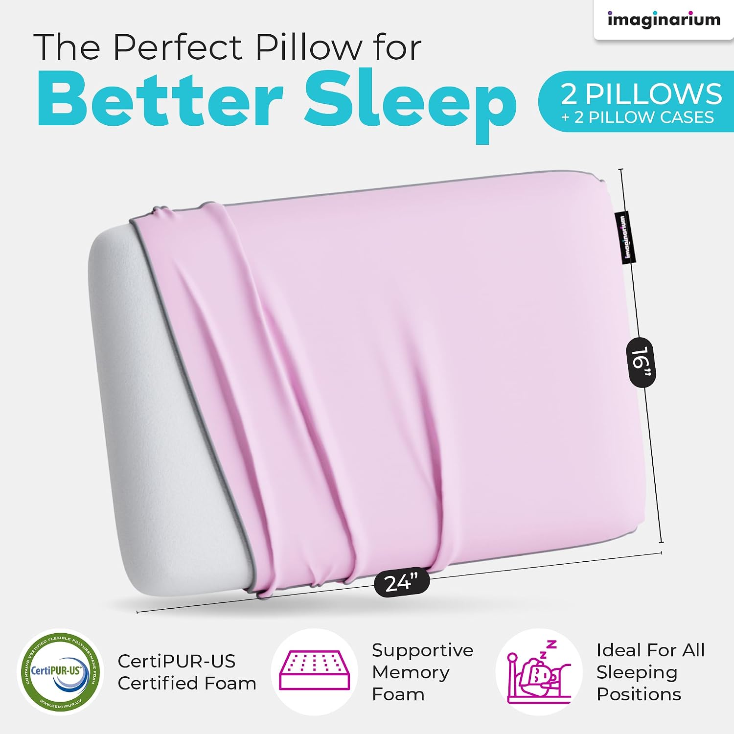 Imaginarium 2 Pack Memory Foam Pillows for Bed - 16" x 24" Standard/Queen – Fun Decorative Colorful Pillow for Sleeping – Back, Stomach &…