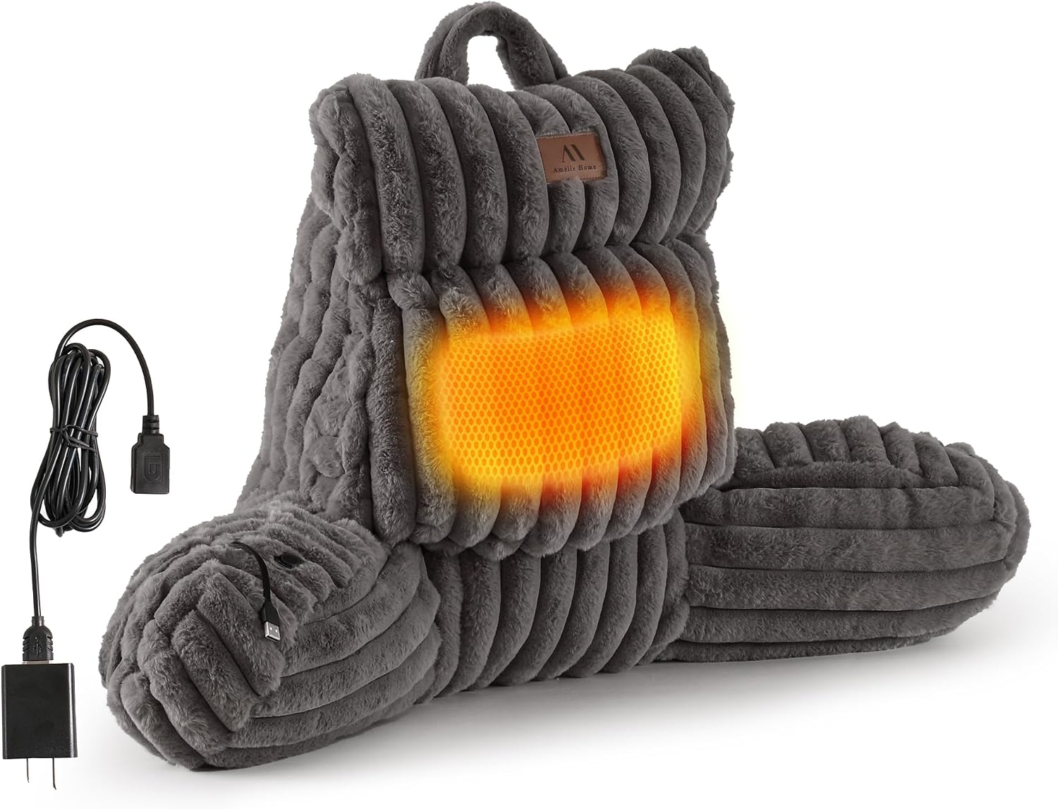 Amélie Home Heated Faux Fur Reading Pillow 3 Temperature Backrest for Sitting in Bed Support Cushion, USB-Powered(No Power Bank Included)…