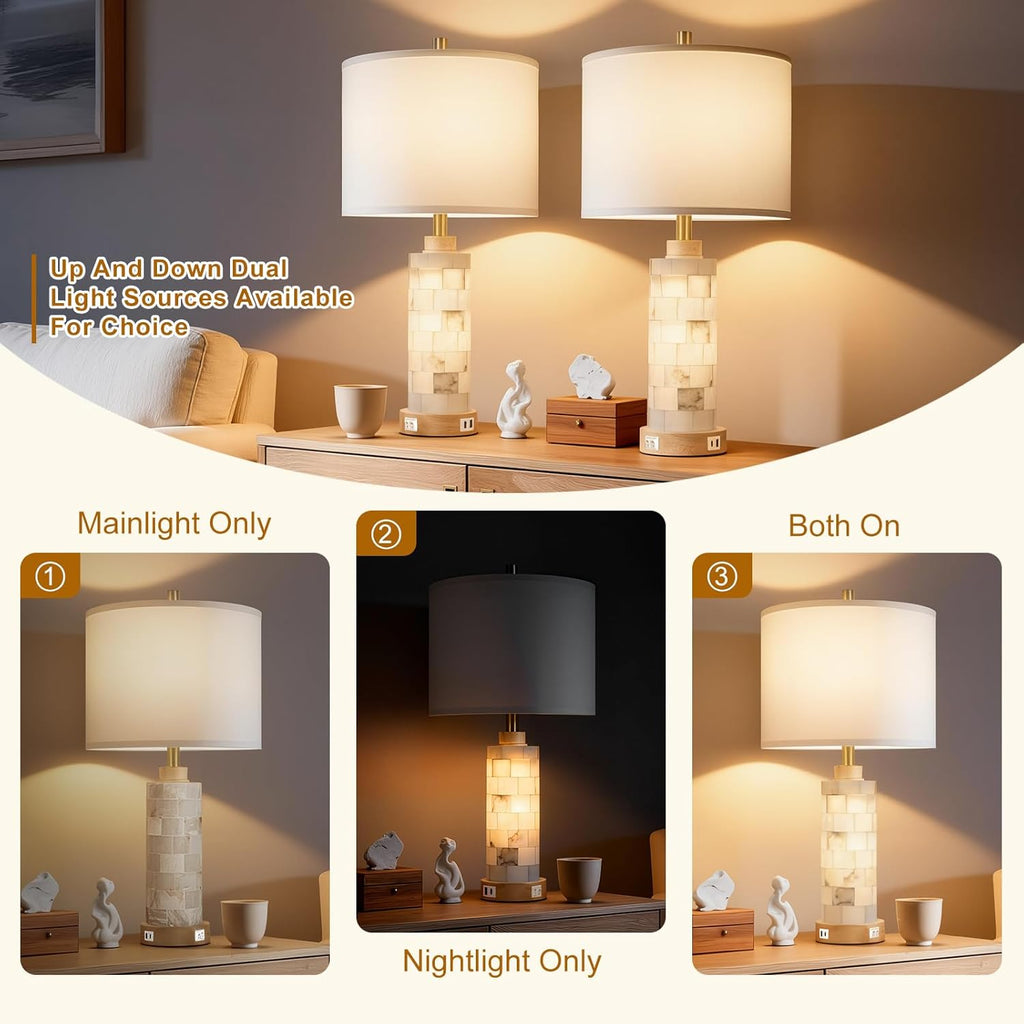 KIVDITZO 27" Alabaster and Wood Table Lamp Set of 2 with Night Light Nightstand Lamps with USB Ports White Linen Fabric Shade Bedside…
