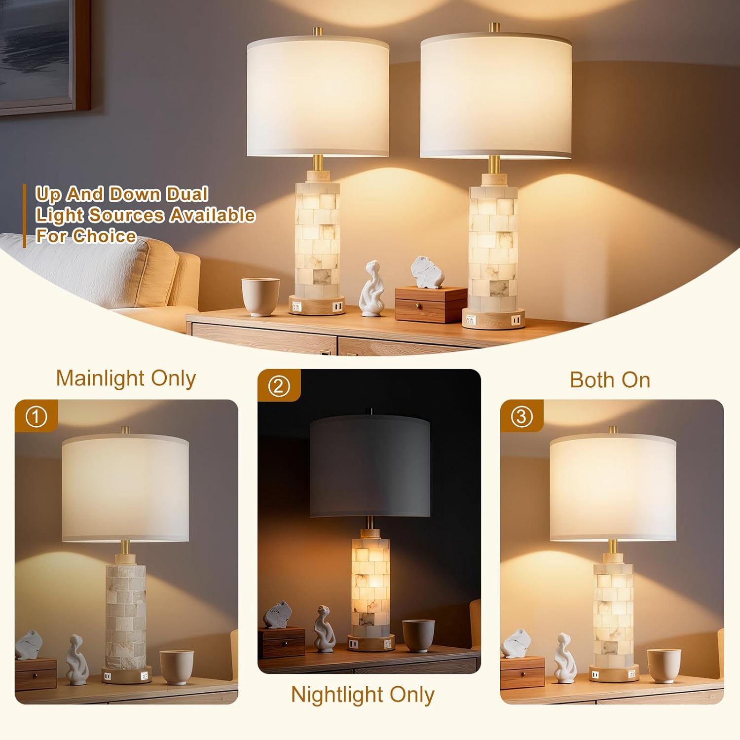 KIVDITZO 27" Alabaster and Wood Table Lamp Set of 2 with Night Light Nightstand Lamps with USB Ports White Linen Fabric Shade Bedside…