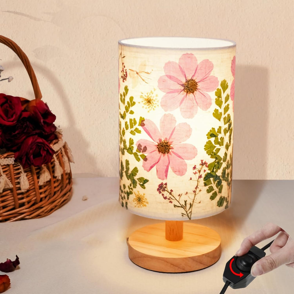 Dried Flowers Small Table Lamp 9W LED Dimmable Warm Light Pressed Flower Bedside Lamp Linen Shade with Wood Base for Bedroom Living Room…