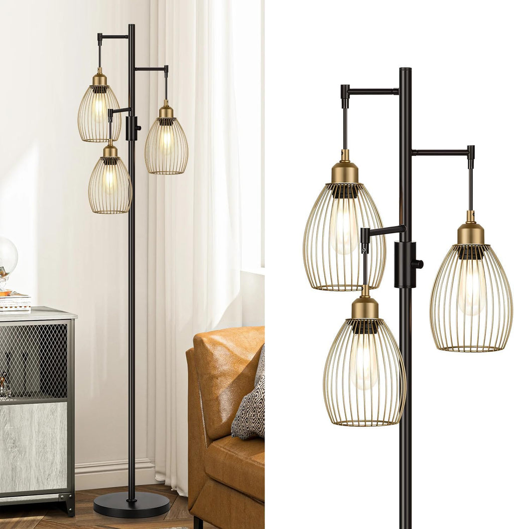 Dimmable Floor Lamp, Industrial Floor Lamps for Living Room, Gold and Black Tree Lamp Standing Lamp Tall Lamps with 3 Elegant Teardrop…