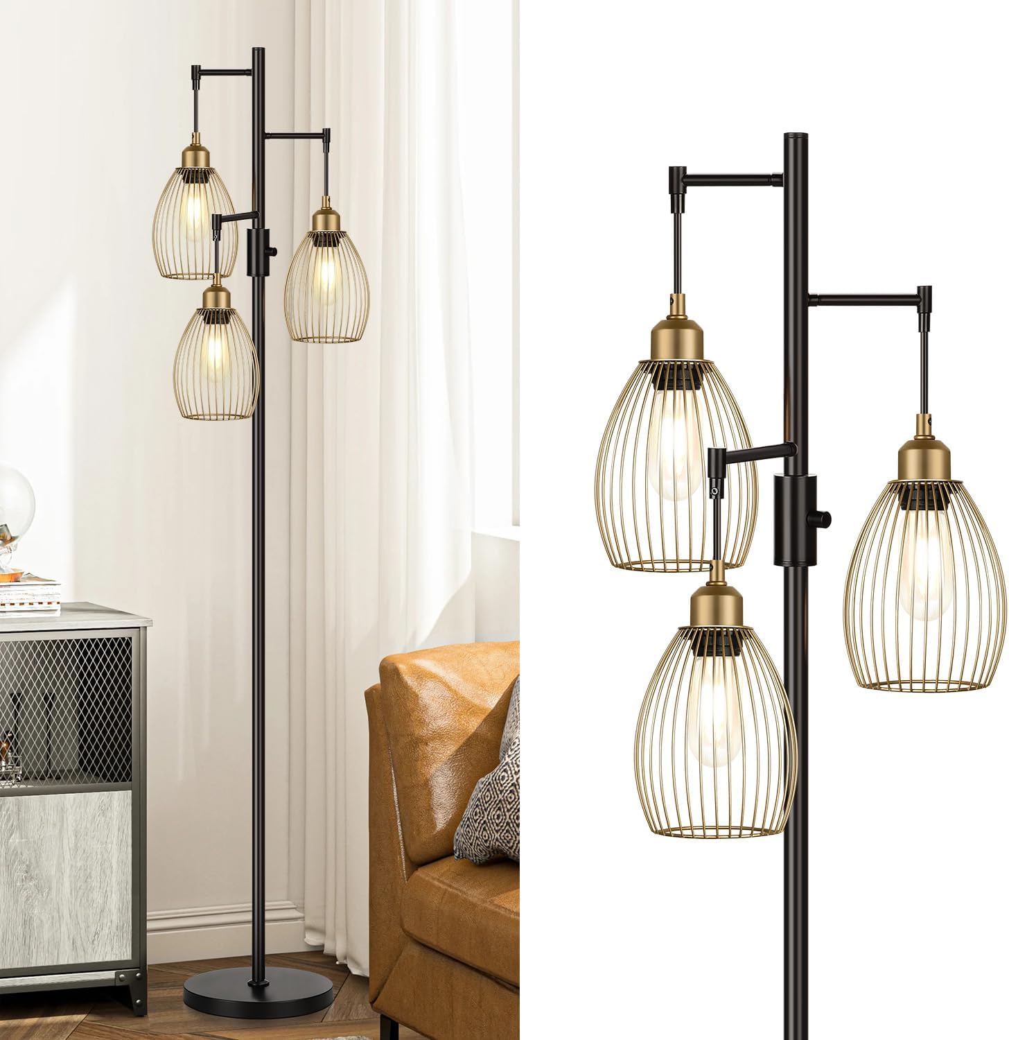 Dimmable Floor Lamp, Industrial Floor Lamps for Living Room, Gold and Black Tree Lamp Standing Lamp Tall Lamps with 3 Elegant Teardrop…