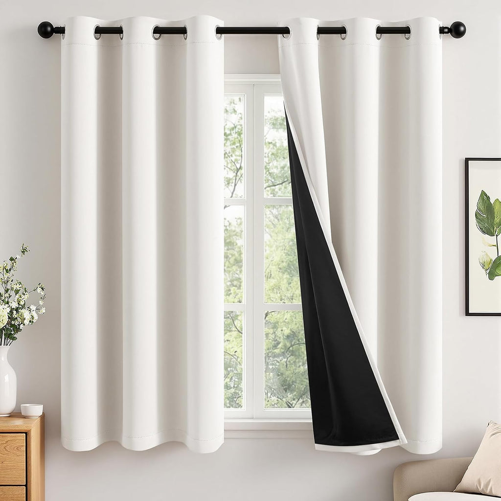 Miulee Ivory 100% Blackout Curtains for Bedroom 63 Inch Long, 2 Thick Layers Thermal Insulated Black Out Window Curtains with Black Liner,…