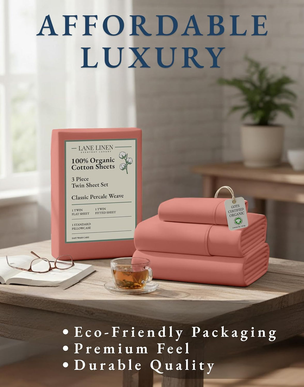 LaneLinen LANE LINEN 100% Organic Cotton Twin XL Sheets Set, 3-Piece Pure Organic Cotton Percale Sheets, Cotton Bedsheets, Ultra Soft Beddi…