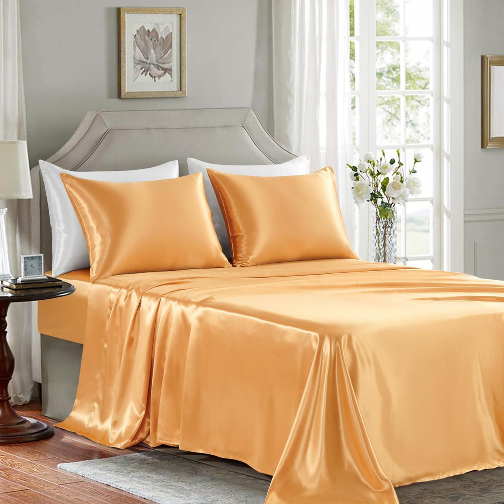 Golal Satin Sheets King Size - 4 Pieces Luxury Silky Soft Bed Sheets, Wrinkle-Free Gold Satin Silk Sheet Set with 1 Deep Pocket Fitted Shee…