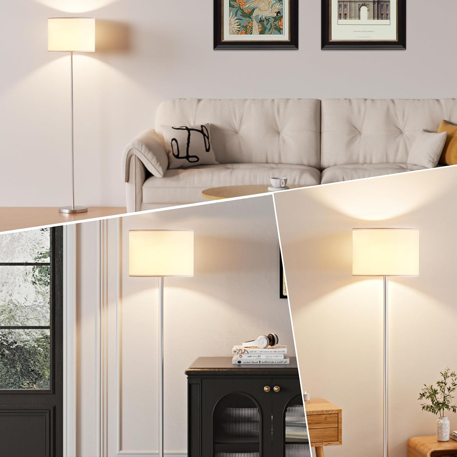 Ambimall 60'' Modern Floor Lamp with Shade, Tall Lamps for Living Room, Bedroom, Office, Dining Room, White Shade with Silver Pole(Without…
