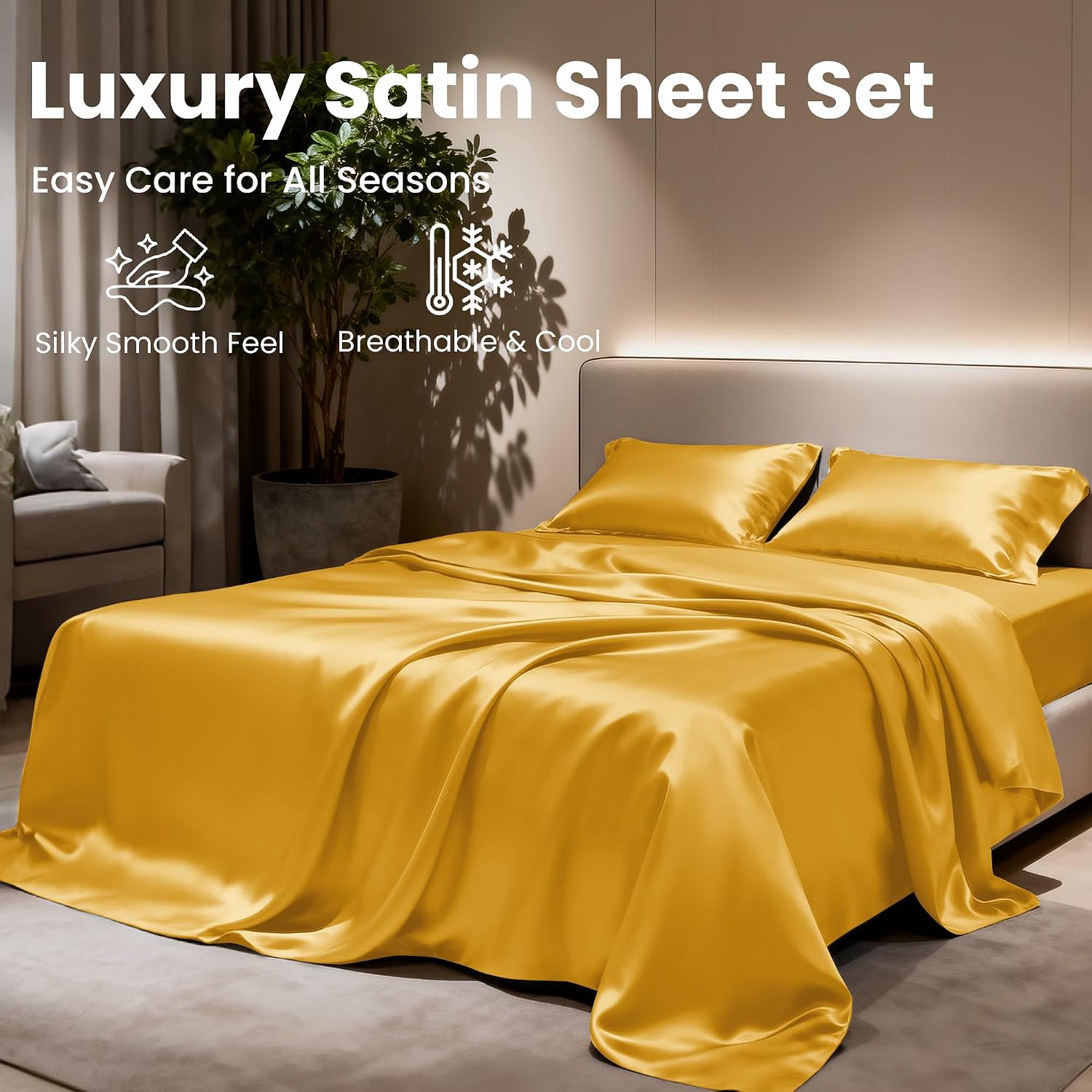 Lovescabin Love's cabin 4Piece California King Satin Bed Linen Set, Gold Silky Satin Sheets, Deep Pocket, Luxury Silk Feel, 1 Flat, 1 Fitte…