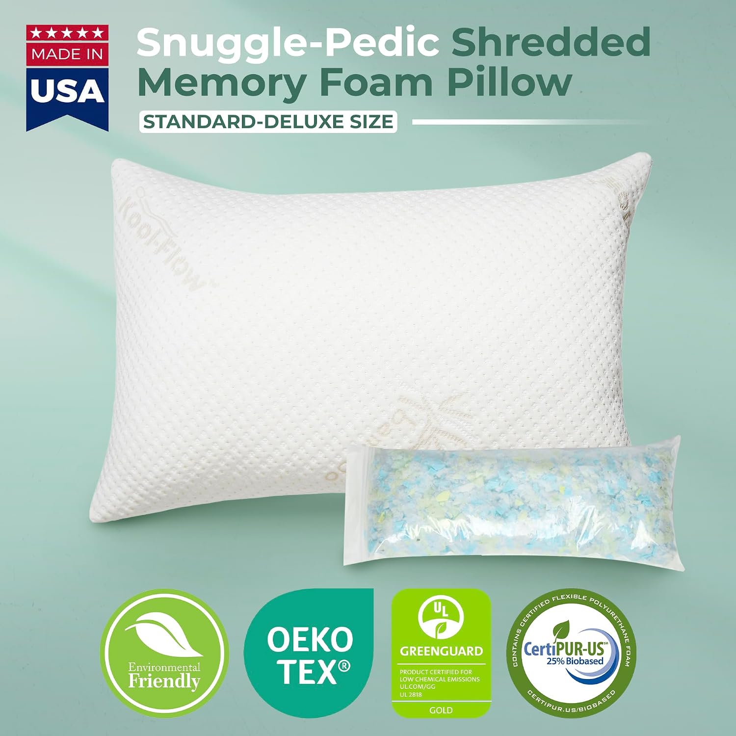 Snuggle-Pedic Adjustable Memory Foam Pillows - GreenGold Certified Pillow w/ Viscose of Bamboo Cover for Side, Stomach & Back Sleepers…