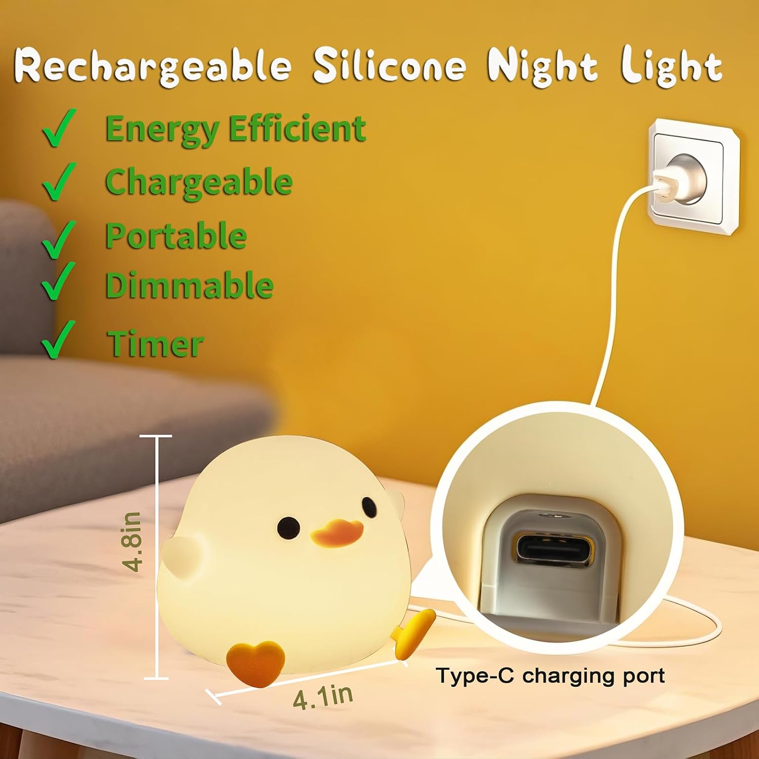 HAPPYBAG Cute Pea Duck Night Light, Duck Lamp,2 Levels Dimmable Silicone Ducky Light, LED Squishy Animal Light for Kids Sleep, Rechargeable…