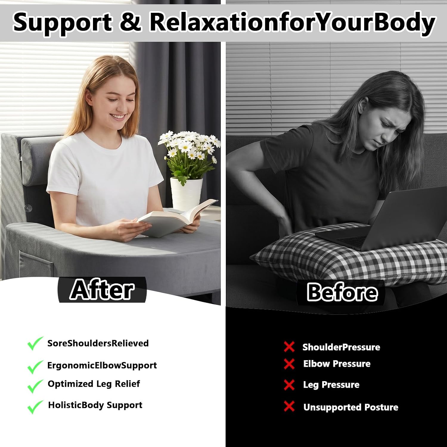 RSN RSN Reading Pillow Set for Bed Sitting, 3 Piece Gaming Pillow-Ergonomic Back/Neck Support with Arms & Pockets, Bed Desk for Adul…