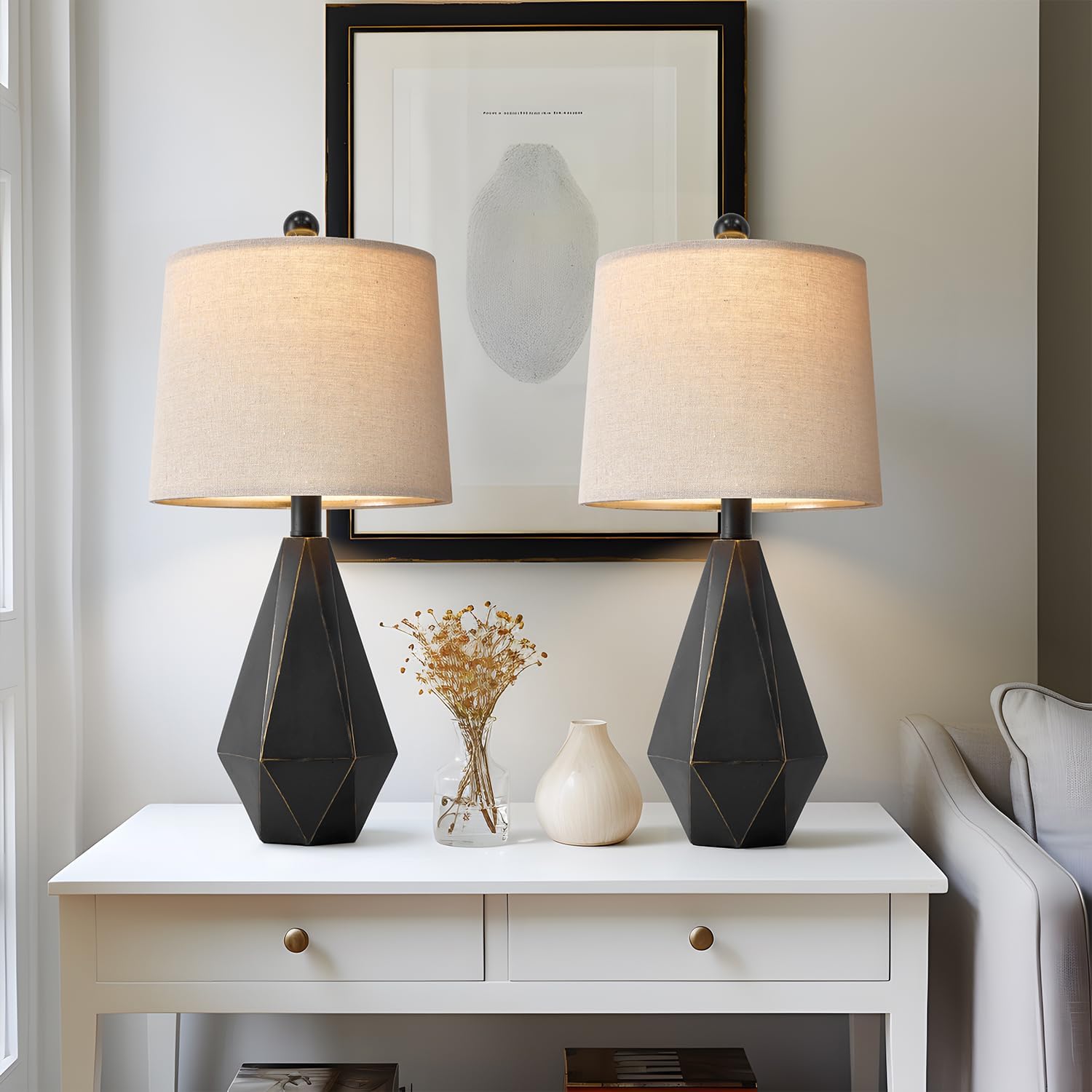 PoKat 20.25'' Table Lamps Set of 2, Bedside Lamp for nightstand, Small Farmhouse Lamps for Bedroom, Black Bedroom Lamps for Living Room…