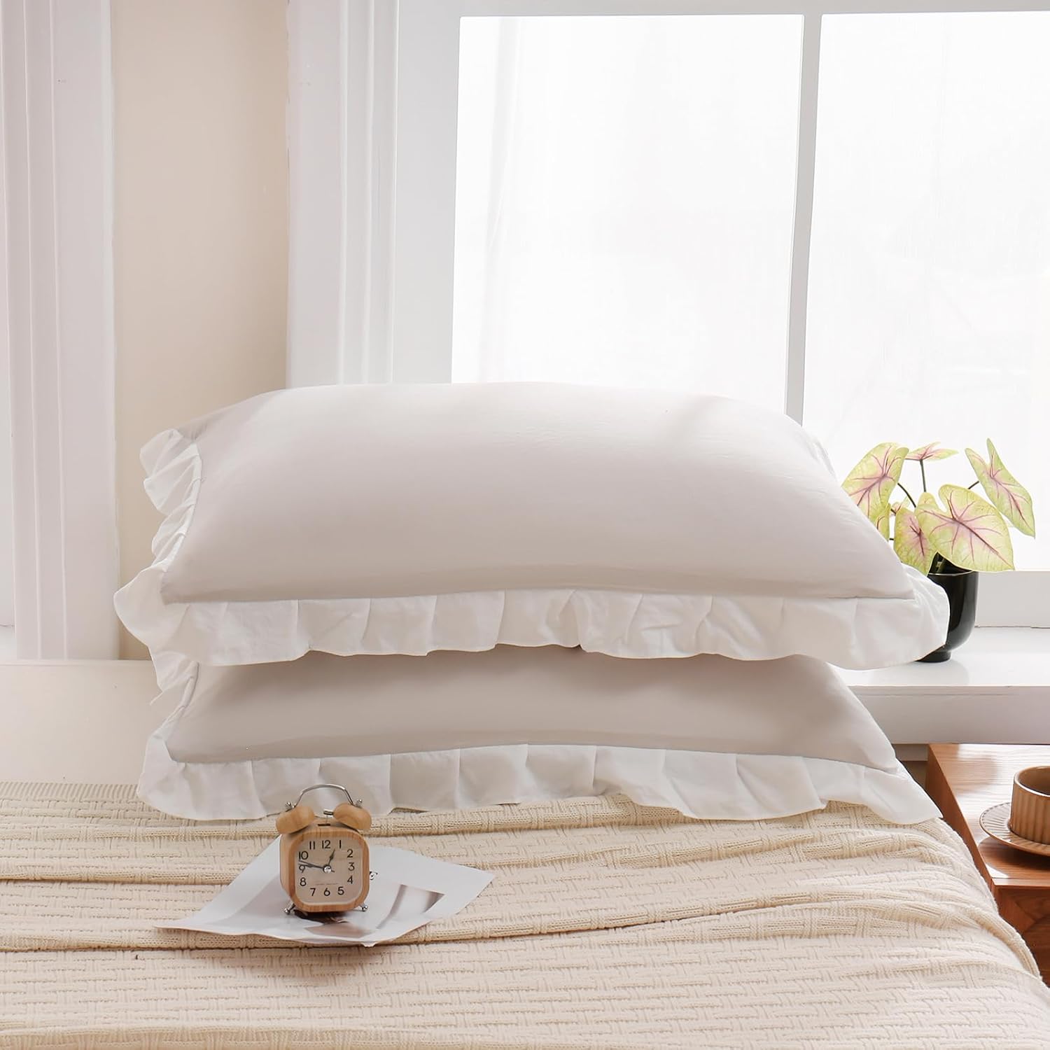 Merryword Beige Pillow Shams Standard Pillowcases 20x26inch Beige and White Reversible Cute Pillow Cover Set of 2 Soft Shabby Chic Ruffled…
