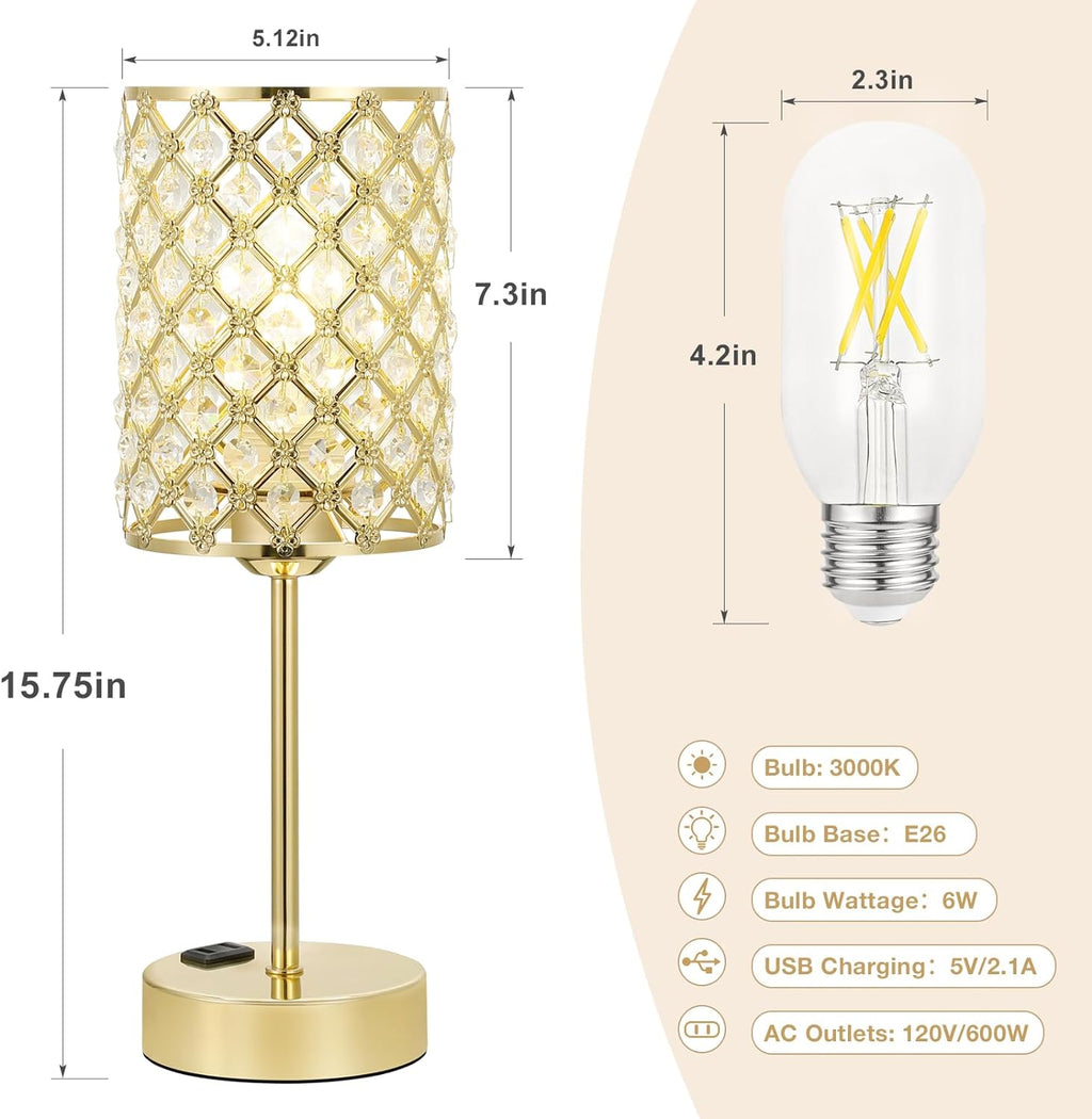 Touch Control Crystal Table Lamp-Dimmable Nightstand Lamp with USB-C+A & AC Charging Ports, 3-Way USB Gold Lamp, Bedside Desk Light for…