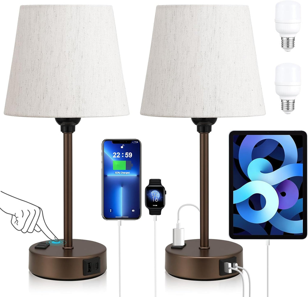 Brown Bedside Lamps for bedrooms Set of 2 - Nightstand Bedroom Lamp with USB C Port and AC Outlet Charging, 3 Way Dimmable Touch Control…