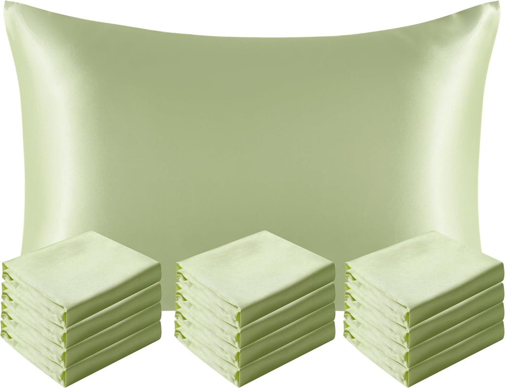Ntbay 12 Pack Satin Queen Pillowcases for Hair and Skin, Luxurious and Silky Pillow Cases with Envelope Closure, 20 x 30 Inches, Sage Green…