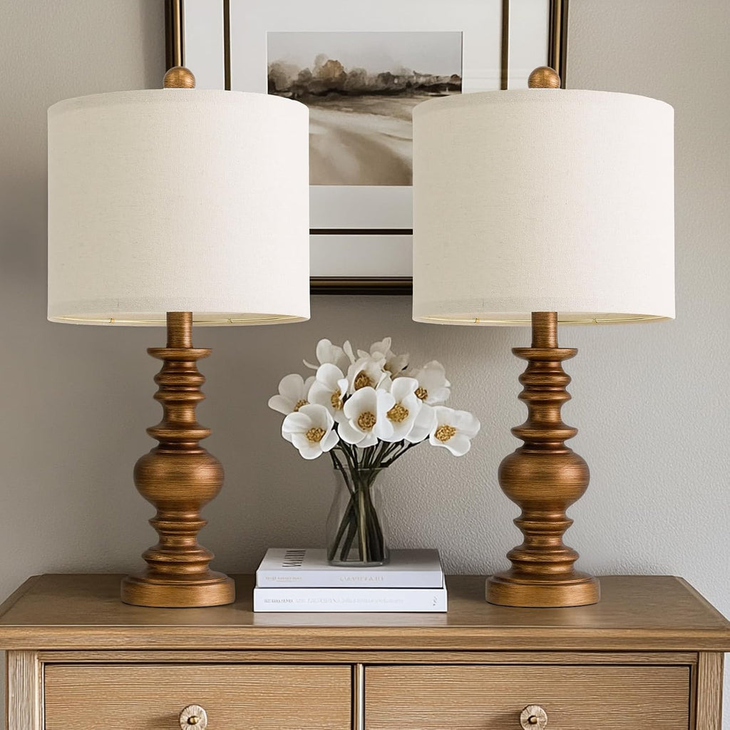 BOBOMOMO 20" Antique Gold Table Lamps Set of 2 – Handcrafted Vintage Bedside Lamps with Linen Shades, Elegant Farmhouse Lamps for…