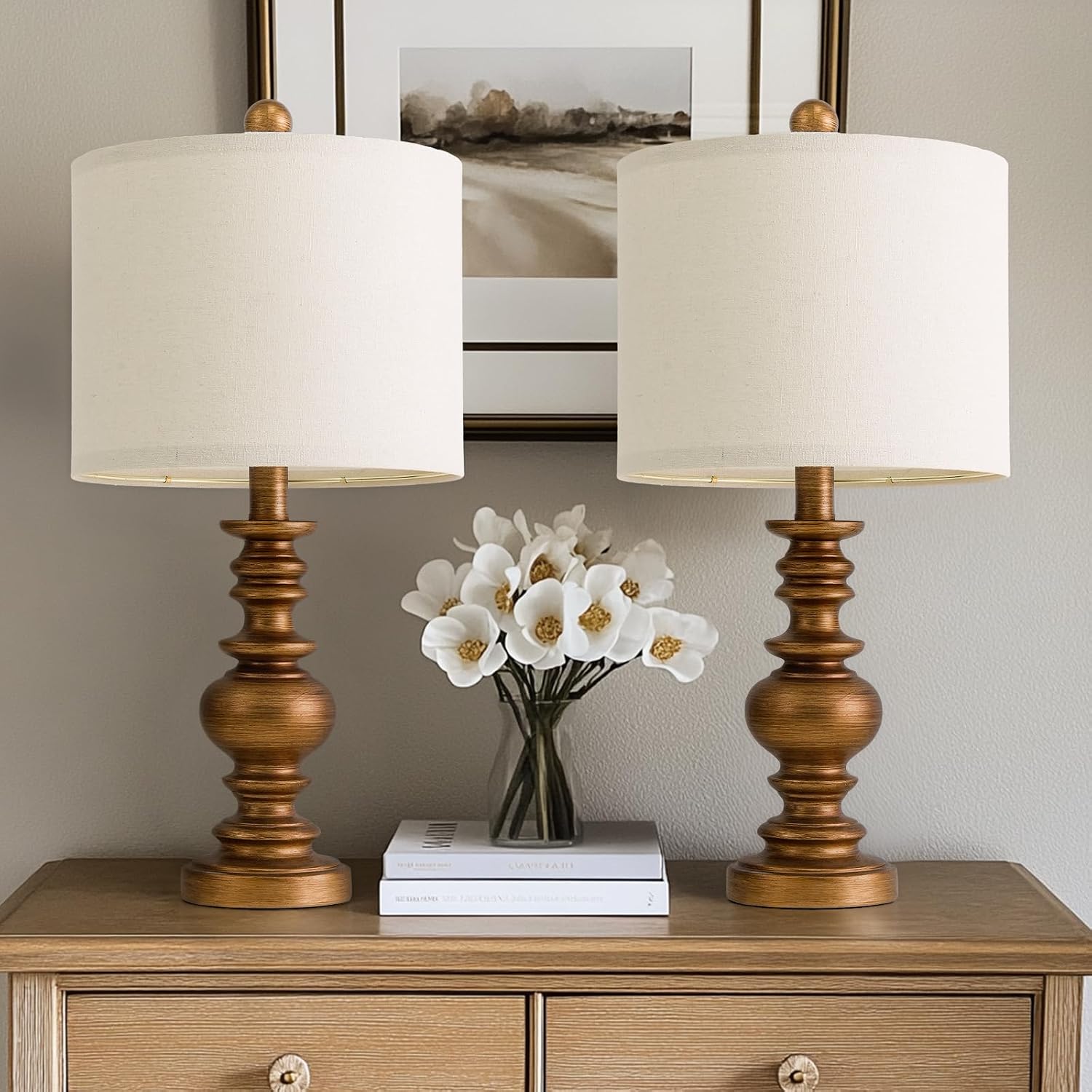 BOBOMOMO 20" Antique Gold Table Lamps Set of 2 – Handcrafted Vintage Bedside Lamps with Linen Shades, Elegant Farmhouse Lamps for…
