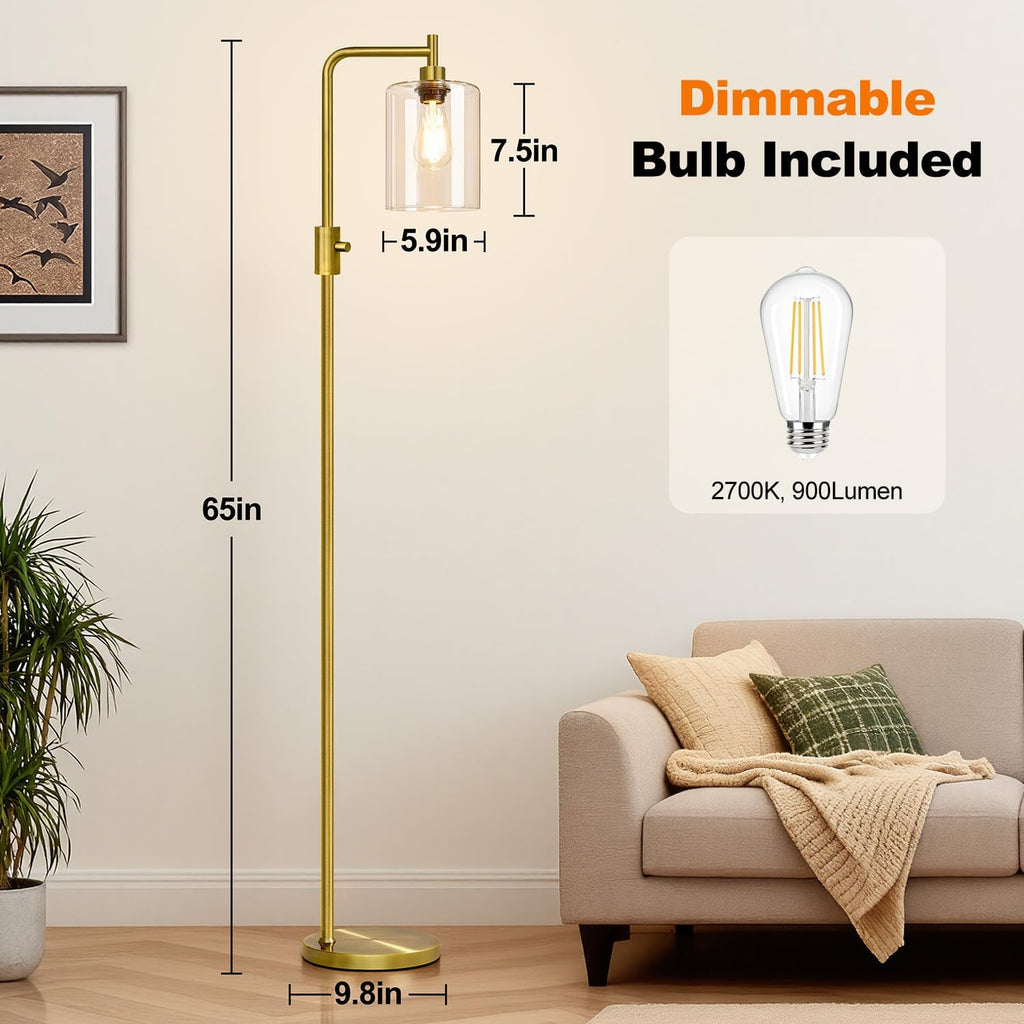 Upgraded】Dimmable Floor Lamp for Living Room with Clear Glass Lampshade, Brass Modern Floor Lamp with 900LM Edison Bulb Included, Bright…