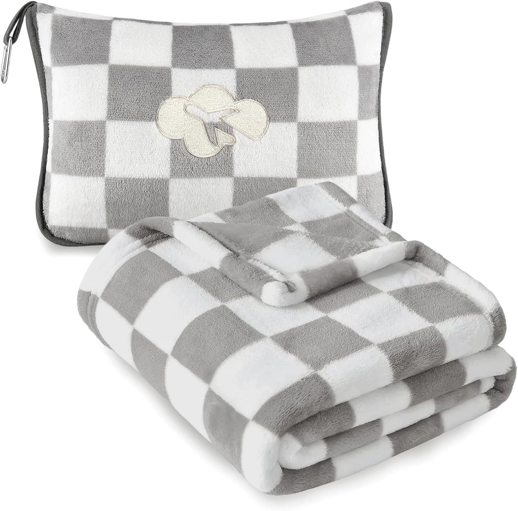 JungleStar Travel Blanket and Pillow Compact, Soft 2 in 1 Airplane Blanket with Soft Bag Pillowcase, Hand Luggage Sleeve and Backpack Clip (…