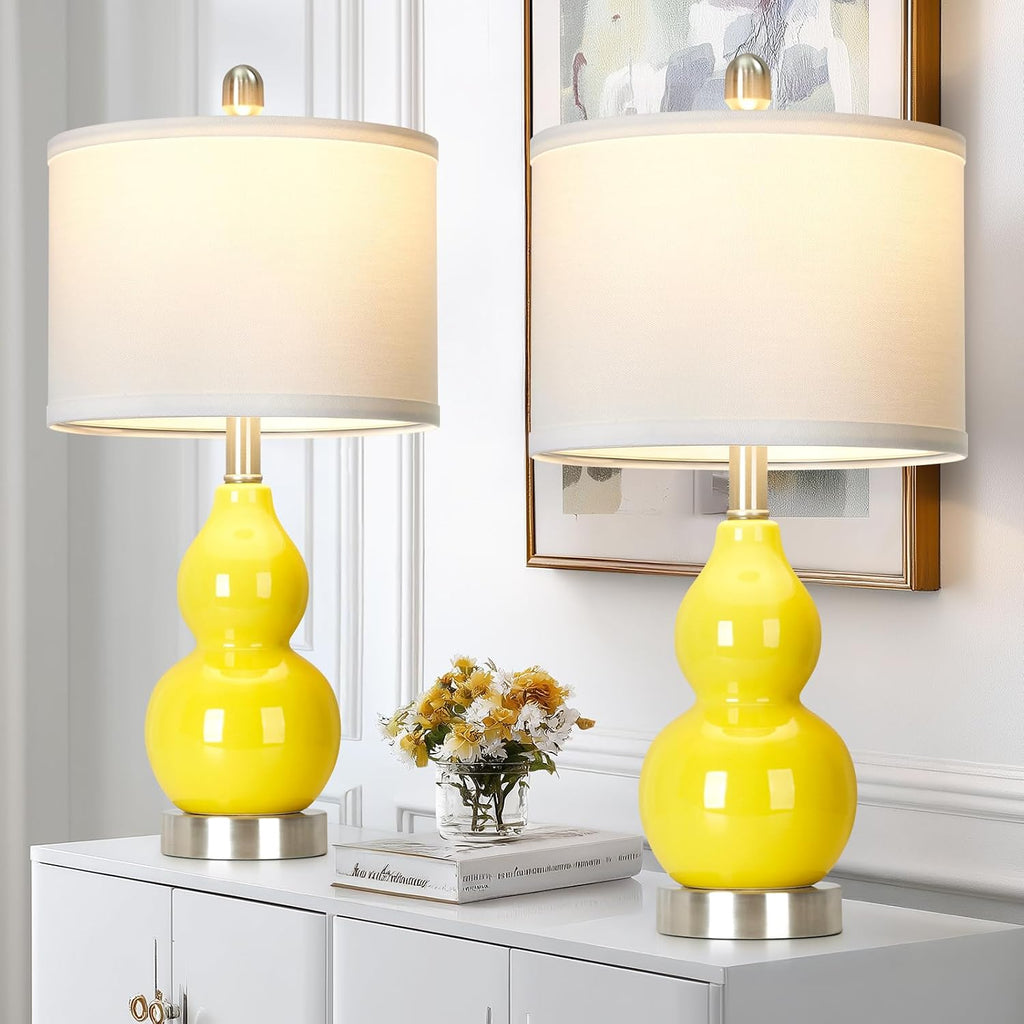 Rinweey Double Gourd Ceramic Table Lamps Set of 2, Modern Yellow Bedside Lamps for Night Stand, Contemporary Nightstand Lamps for Bedroom…