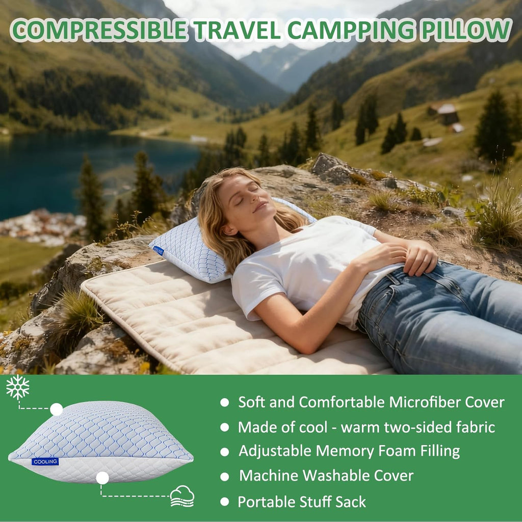 Gehannah Travel Pillow - Large 2 Pack Compressible Camping Pillow for Sleeping - Shredded Memory Foam with 2 Storage Bags - Supportive for…