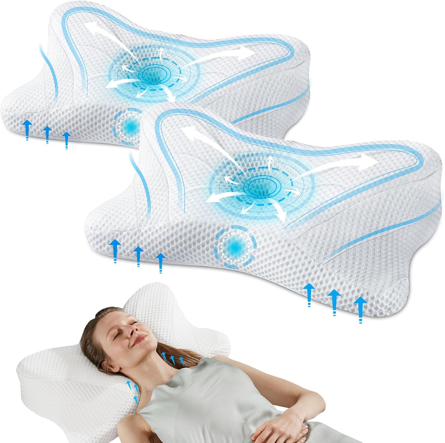 Sweetcrispy 2 Pack Cooling Ergonomic Memory Foam Cervical Pillow for Neck and Shoulder, Orthopedic Neck Support for Back Stomach…