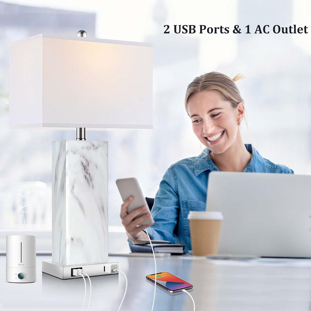 Touch Control Table Lamps Set of 2, Modern Ceramic Bedside Lamp with 2 USB Ports 1 AC Outlet, 3-Way Dimmable White Nightstand Lamp with…
