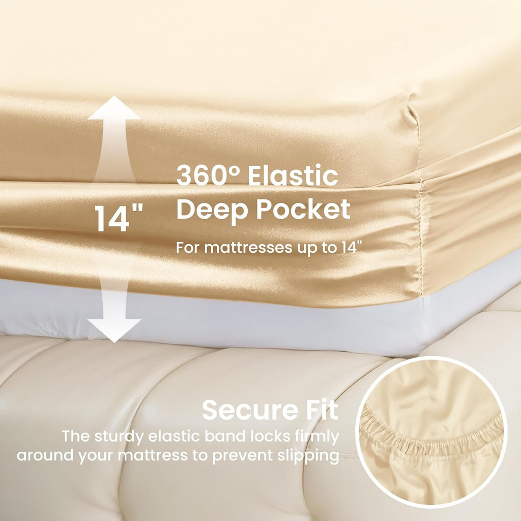Lovescabin Love's cabin California King Satin Sheet Sets - 4 Piece Beige Silky Sheets Bed Set with Deep Pocket, Luxury Silk Feel Satin Cal…