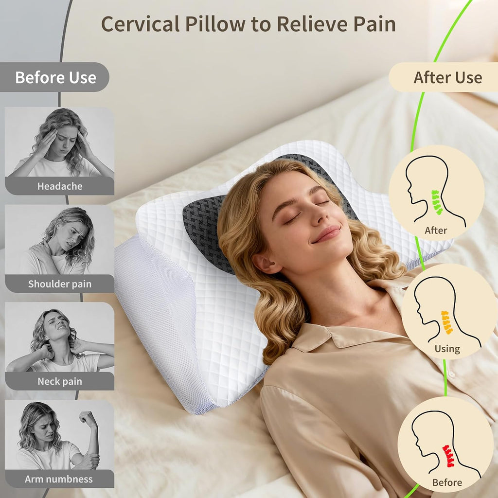 Roowana Cervical Neck Pillow for Neck Pain, Memory Foam Orthopedic Pillow with Contoured Design, Neck Support Pillows for Side, Back and St…