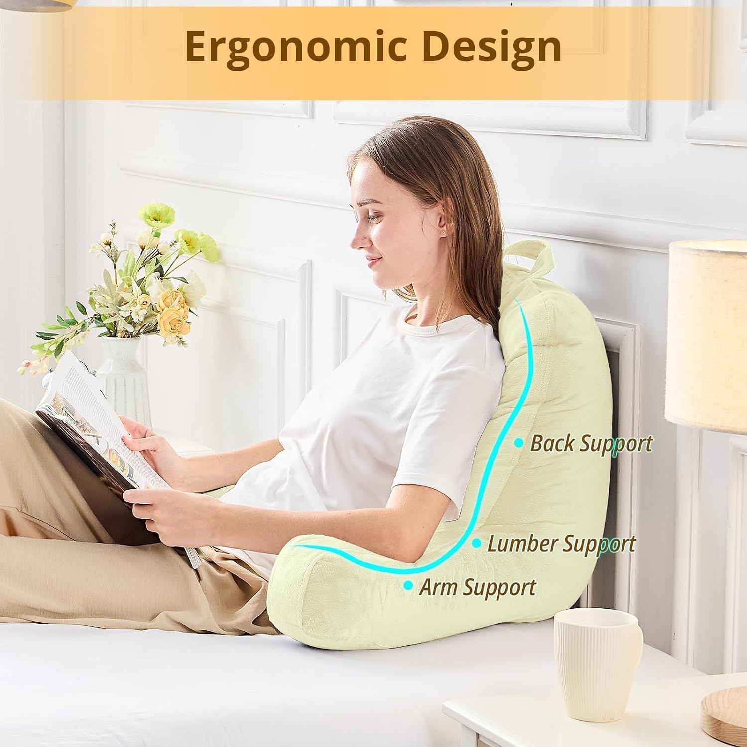 Sasttie Reading Pillow, Velvet Back Pillow for Bed Sitting Up, Adult Back-Rest Support Cushion with Arms for Sit Up on Couch, Sofa, and…