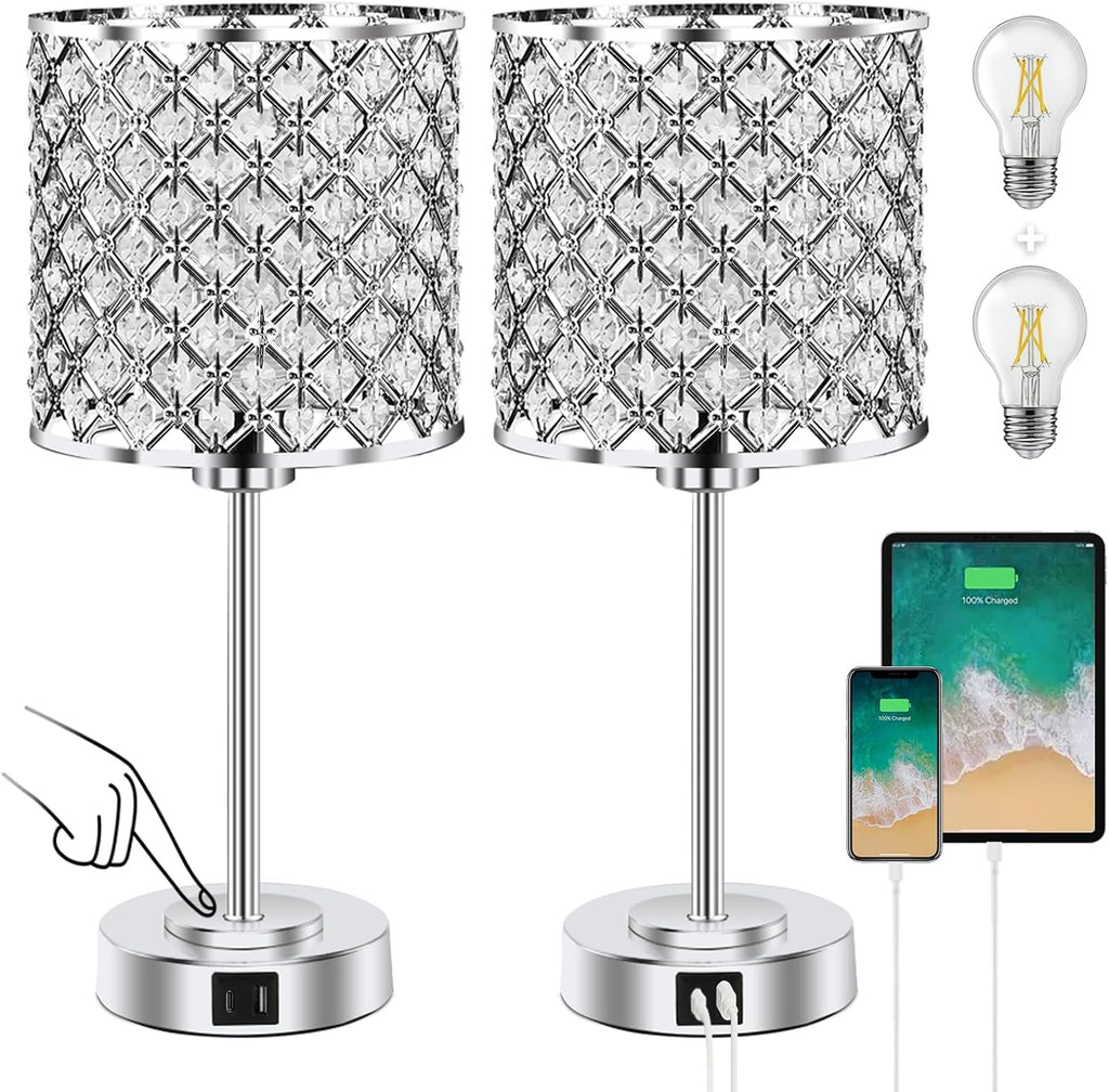 Crystal Table Bedside Lamp Touch Control, Dimmable Small Nightstand Lamp Set of 2 with USB-C+A Charging Ports, Decorative Silver Tabletop…