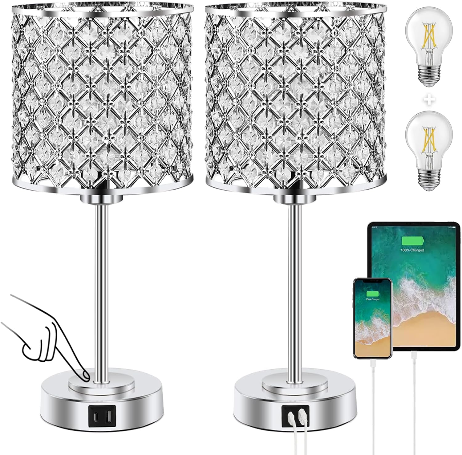 Crystal Table Bedside Lamp Touch Control, Dimmable Small Nightstand Lamp Set of 2 with USB-C+A Charging Ports, Decorative Silver Tabletop…