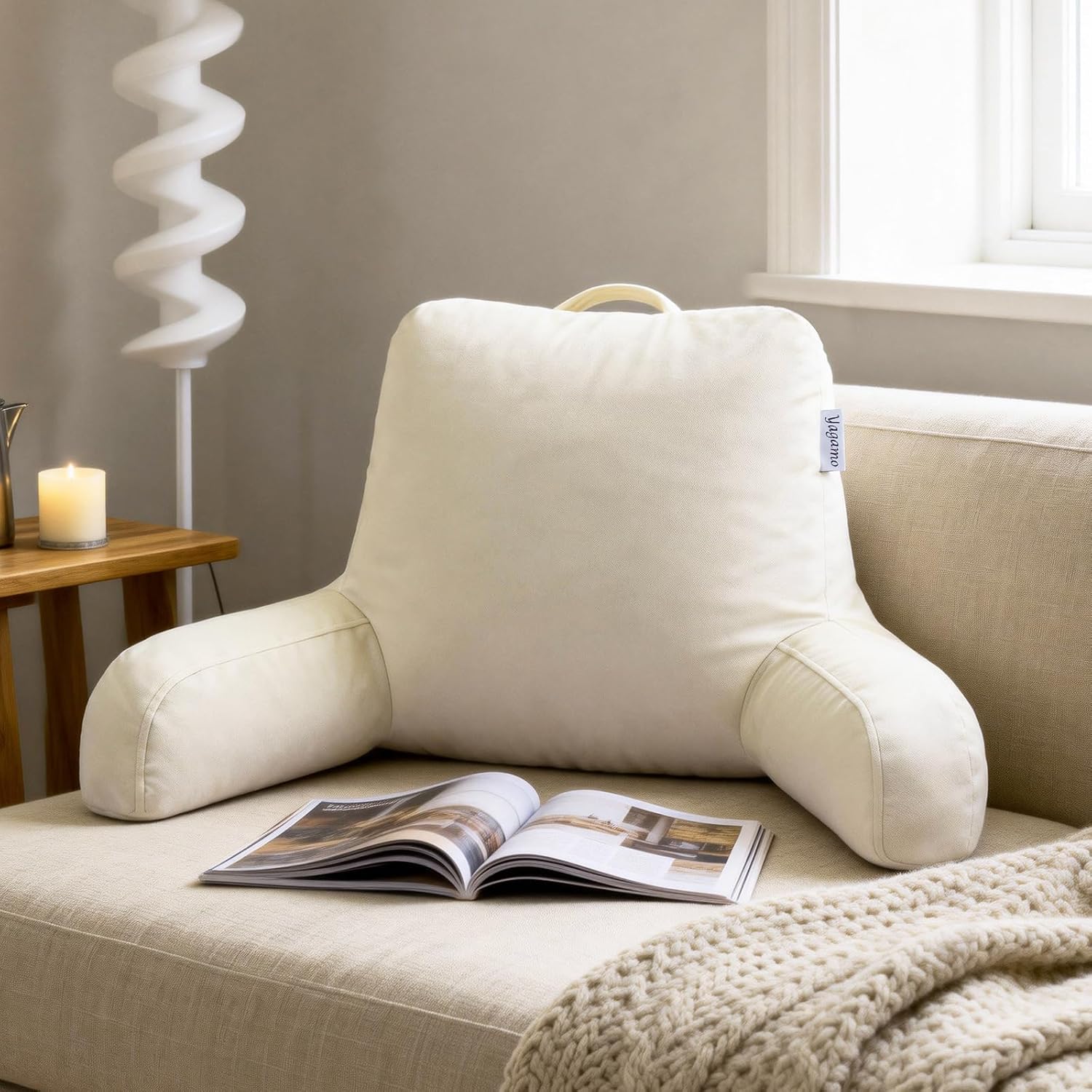 Reading Pillow with Adjustable Memory Foam, Adult Backrest with Arms, Back Pillow for Sitting in Bed with Washable Cover- Large, Beige