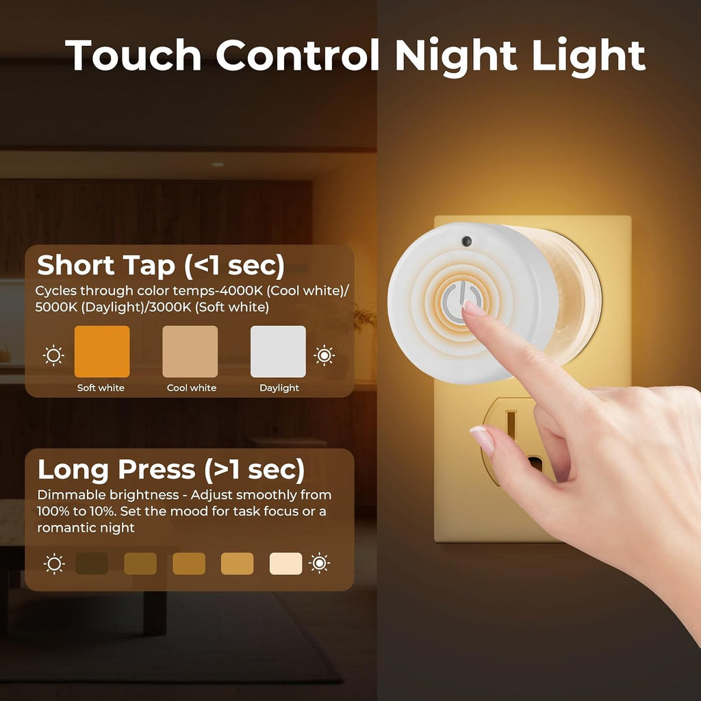 TSEXES 2 Pack LED Night Light Plug into Wall, 3000K/4000K/5000K Adjustable Color Temperature, Touch Control Dimmable Nightlight, Built-in…