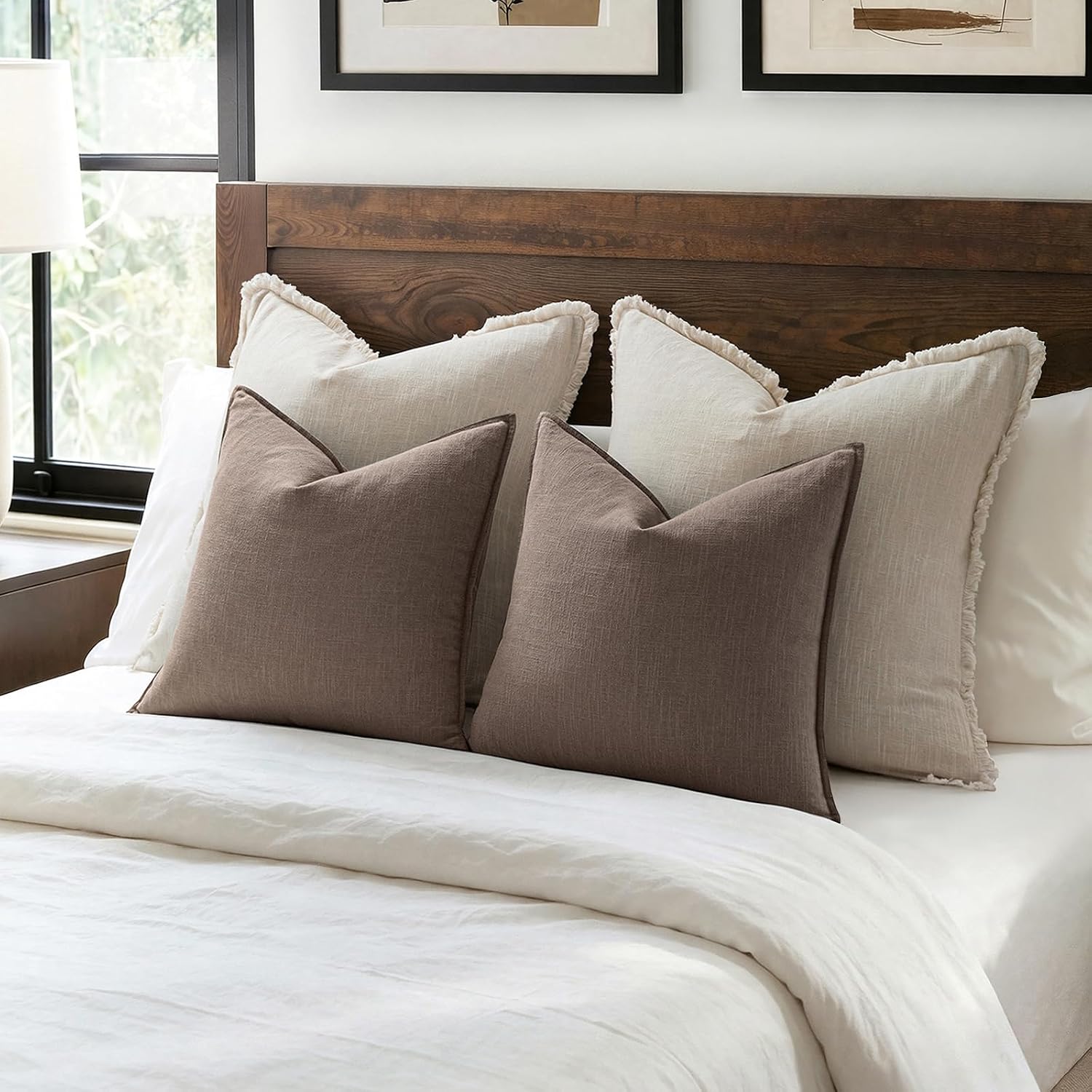 Anroduo Pack of 2 Decorative Linen Pillow Covers Light Taupe Neutral Farmhouse Boho Soild Cushion Case Soft Accent Pillowcase for Couch Sof…