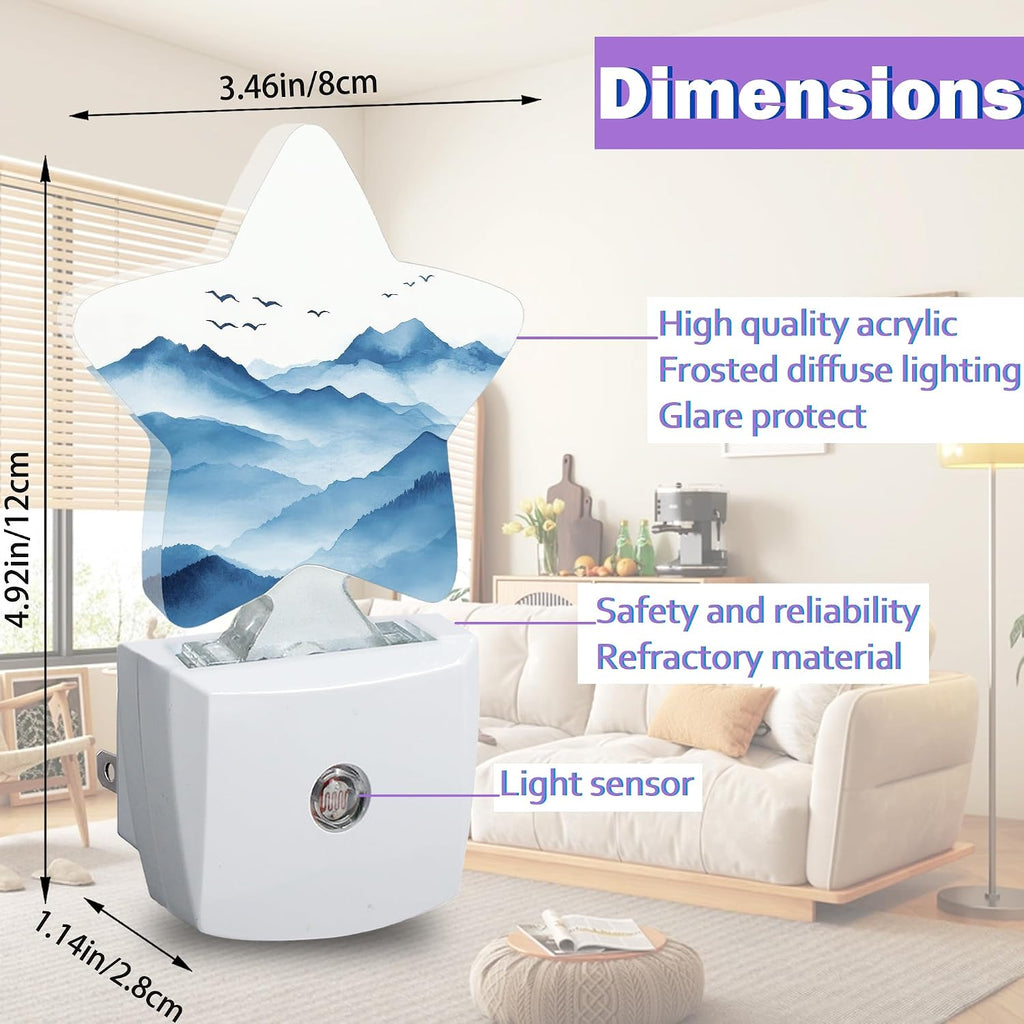 Night Lights Plug Into Wall Decorative, Watercolor Mountain Nightlights for Kids Bedroom, Blue Energy Efficient Dusk-to-Dawn Sensor Sleep…