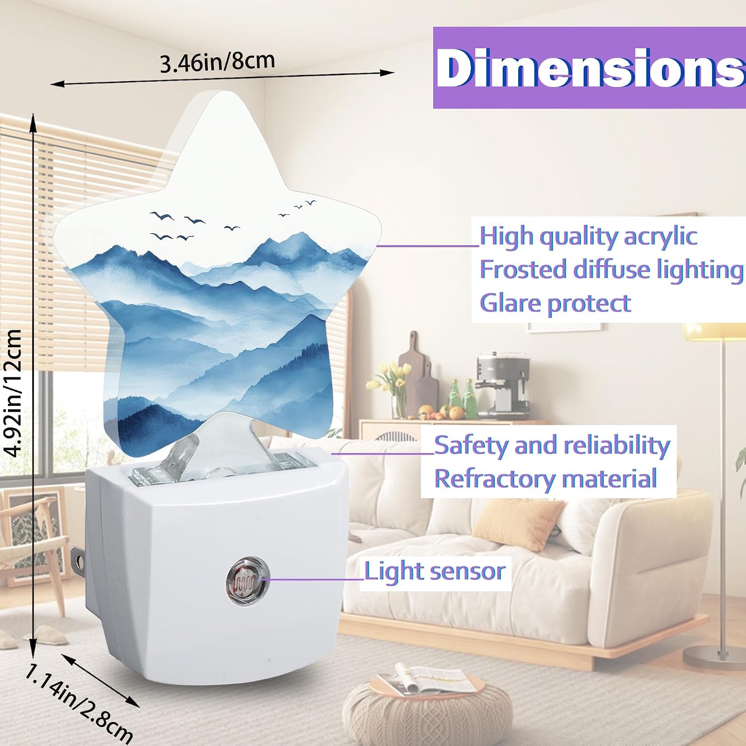 Night Lights Plug Into Wall Decorative, Watercolor Mountain Nightlights for Kids Bedroom, Blue Energy Efficient Dusk-to-Dawn Sensor Sleep…