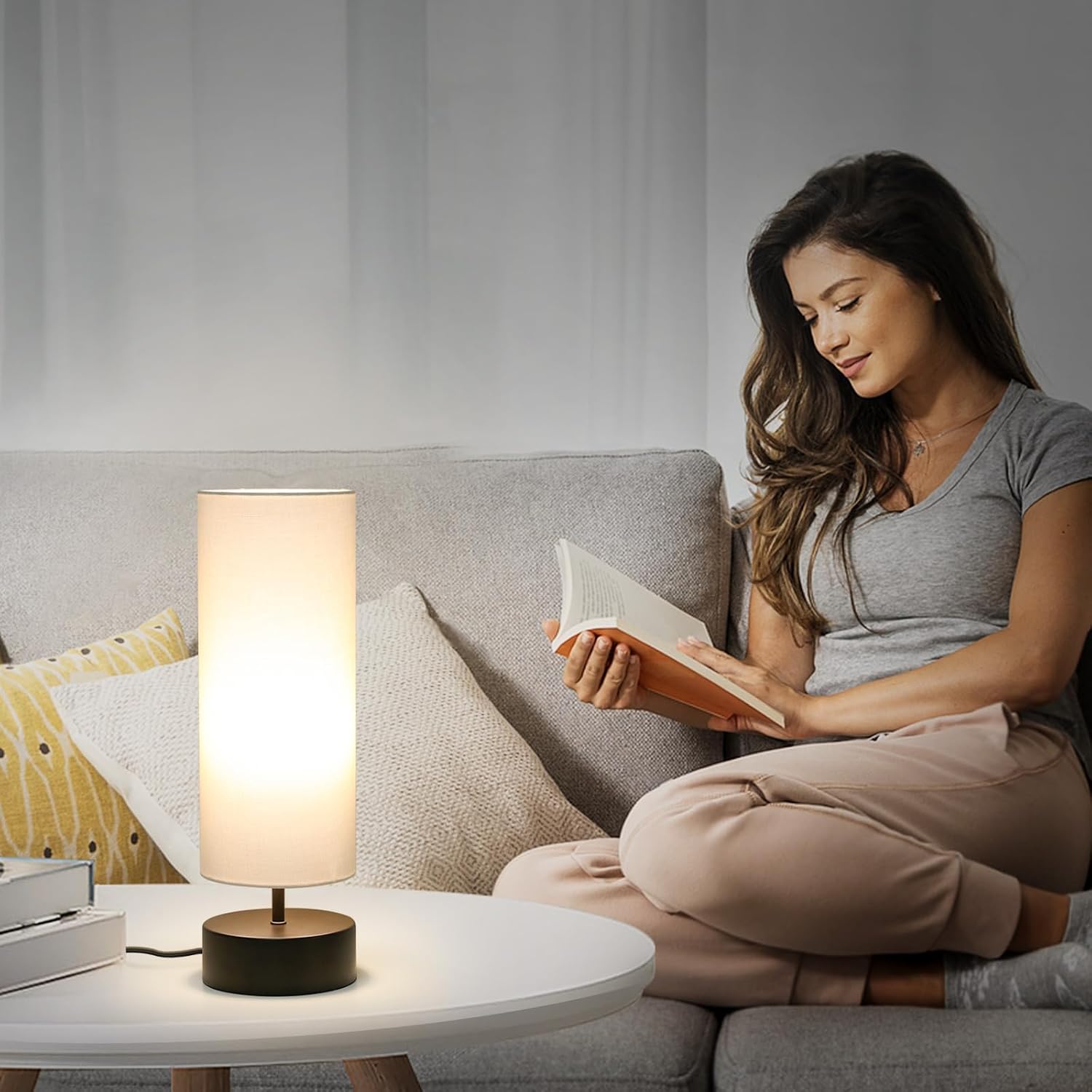 3 Way Dimmable Touch Control Table Lamp, Bedside Table Lamp with Dark Brown Base, Modern Nightstand Lamp with Beige Shade, Simple Night…