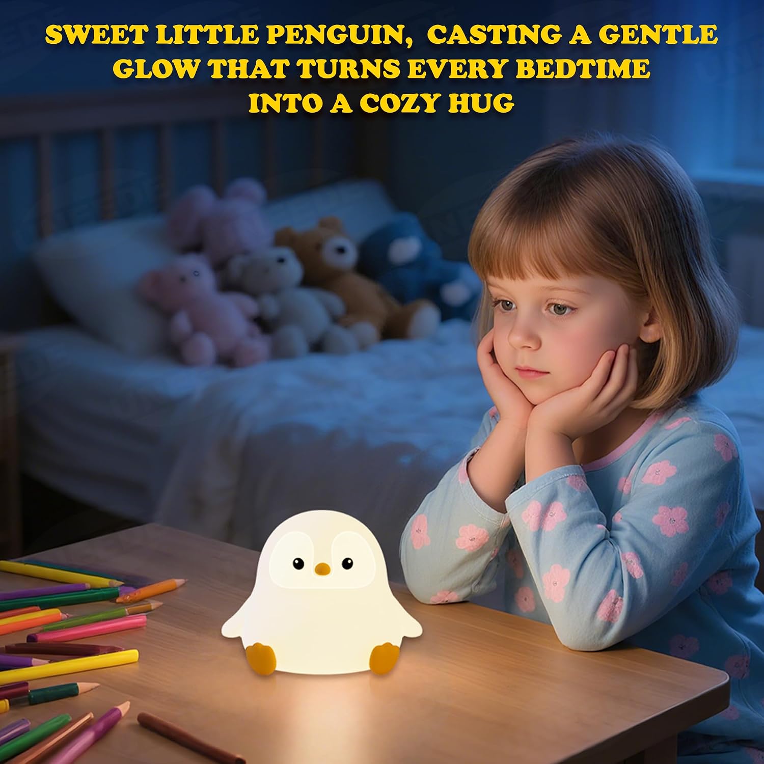UNEEDE Sitting Penguin Night Light Silicone Touch Lamp, USB Rechargeable, Dimmable Nursery Light & Decoration, Squishy Night Light Cute…