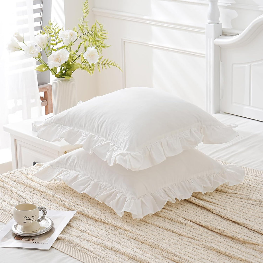 Qilunn Vintage Off White Ruffle Euro Shams Shabby Farmhouse Pillow Cover 100% Washed Cotton Pillowcases Set of 2-26"x26" White 2pcs Cotton…