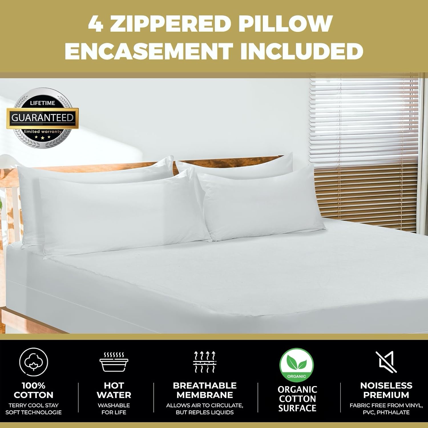 Mattshieldoriginal 4-Pack MATTSHIELD Max Comfort Pillow Protectors, Queen — Zippered, 100% Waterproof, Organic Cotton Terry Surface, Quiet…