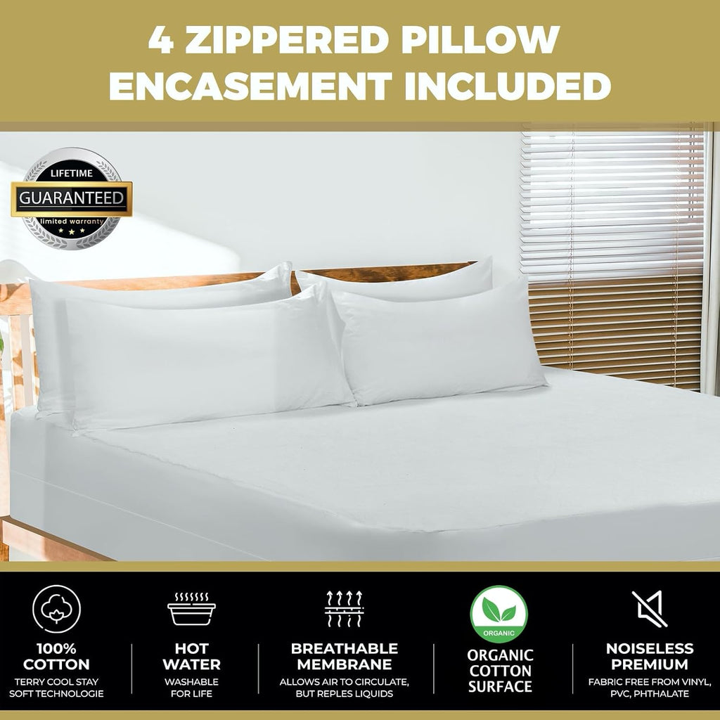 Mattshieldoriginal 4-Pack MATTSHIELD Max Comfort Pillow Protectors, King — Zippered, 100% Waterproof, Organic Cotton Terry Surface, Quiet &…
