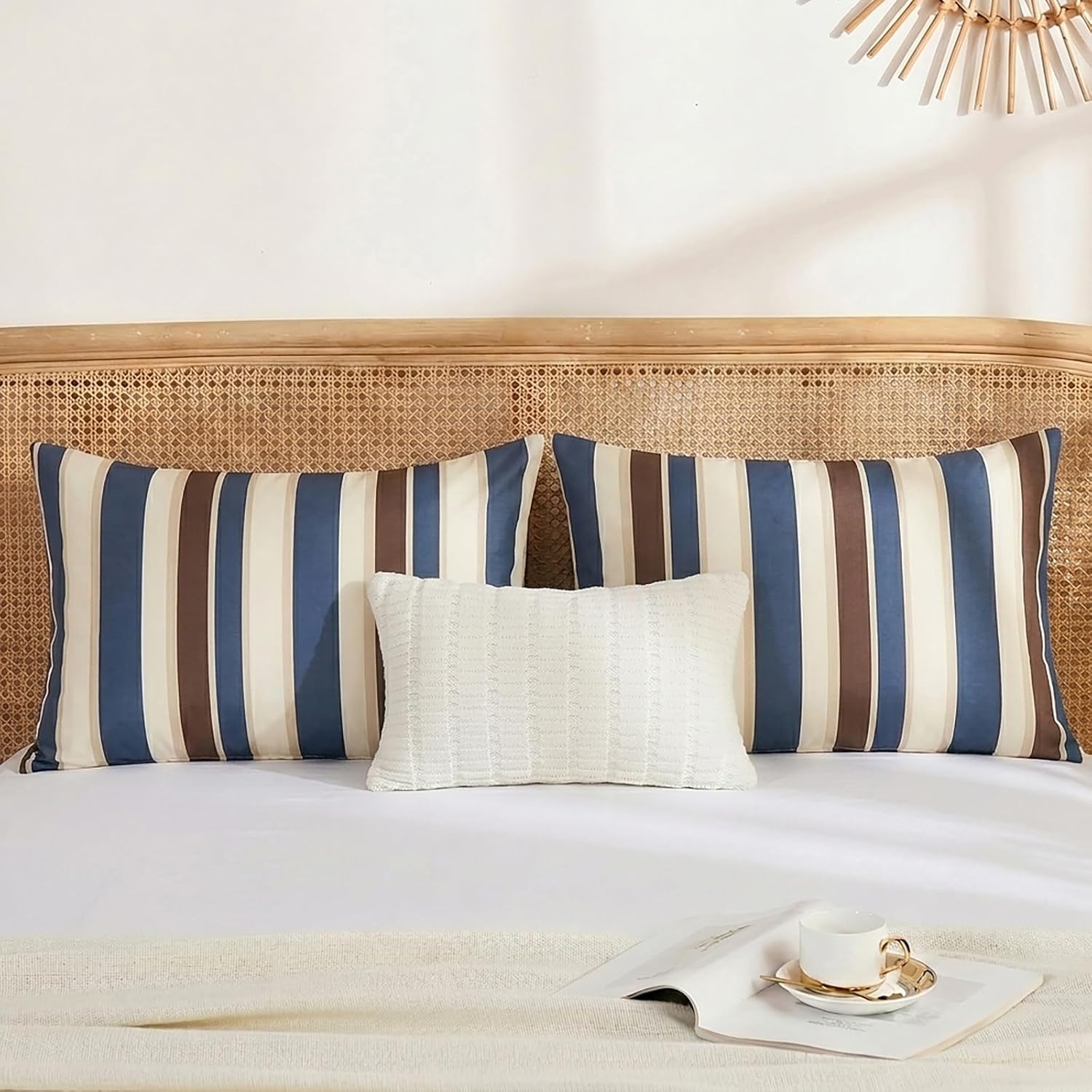 Merryword 100% Cotton Pillow Cases, Queen Size Pillowcases, Blue Striped Pillowcases, Luxury Linen Like Pillowcase, Soft Breathable Cabana…