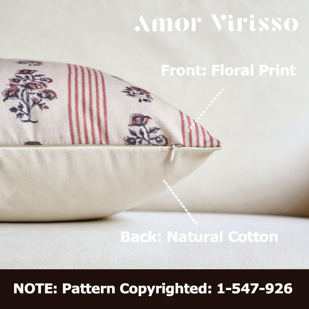AffordableFloralPrintMaker Amor Virisso Floral Throw Pillow Covers 18x18 Set of 2 Block Print Pillow Covers Neutral Floral Striped Farmhous…