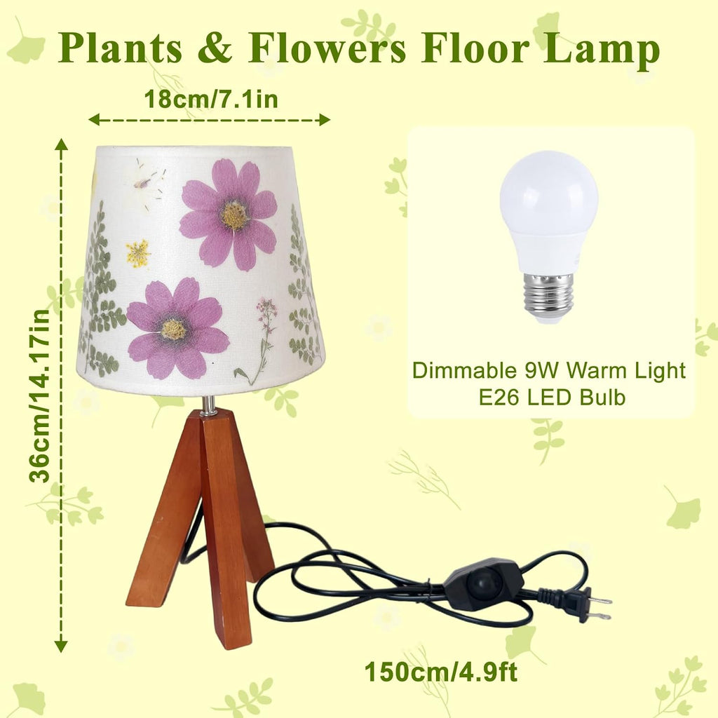 Dried Flowers Tripod Table Lamp 14.17in, 9W LED Dimmable Cute Bedside Lamp with Flowers Linen Lampshade for Nursery, Bedroom, Kid Room…
