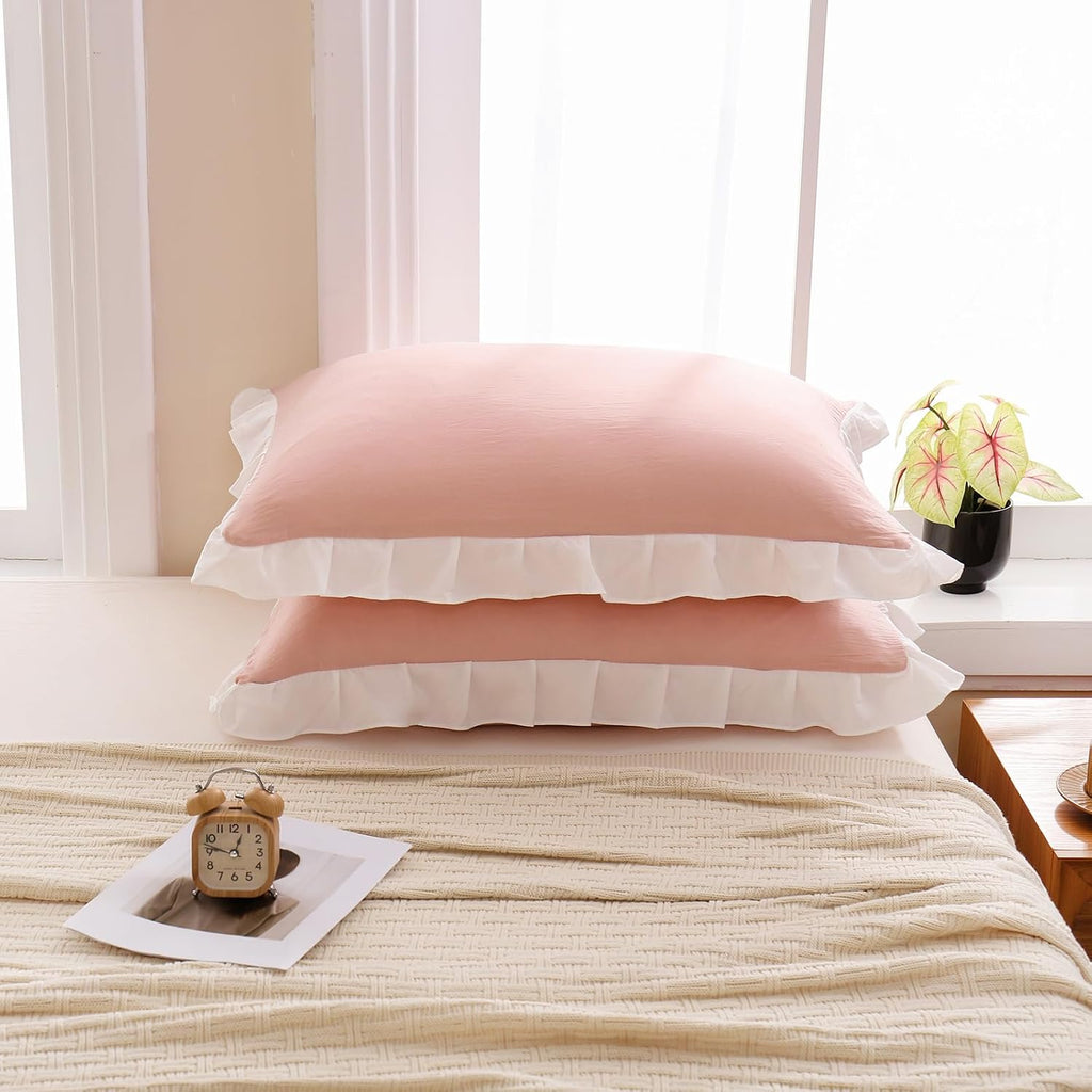 Merryword Pink Pillow Shams Standard Pillowcases 20x26inch Pink and White Reversible Cute Pillow Cover Set of 2 Soft Shabby Chic Ruffled Pi…