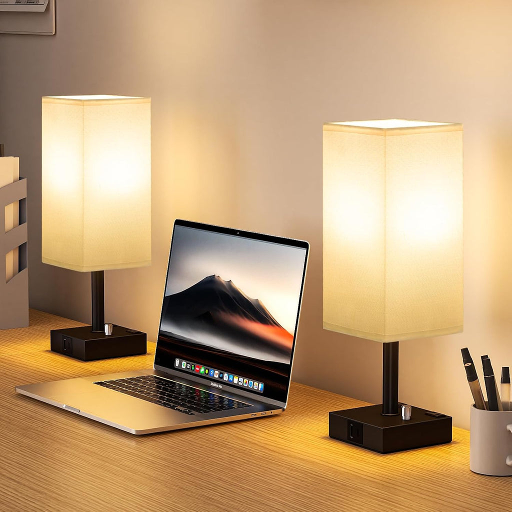 aooshine White Fully Dimmable Nightstand Lamps Set of 2 - Table Bedside Lamp with USB C+A Charging Ports & 2 AC Outlets, Square Lamp Sets…